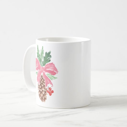 Rustic Pinecone Christmas Mug with Red Bow コーヒーマグカップ (正面左)