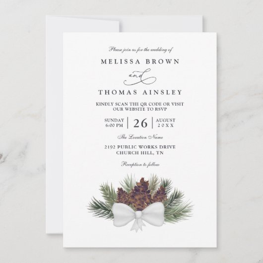 Rustic Pinecone Country Elegant QR Code Wedding 招待状 (正面)