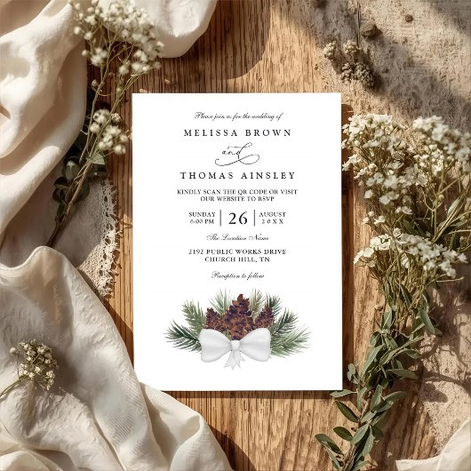 Rustic Pinecone Country Elegant QR Code Wedding 招待状