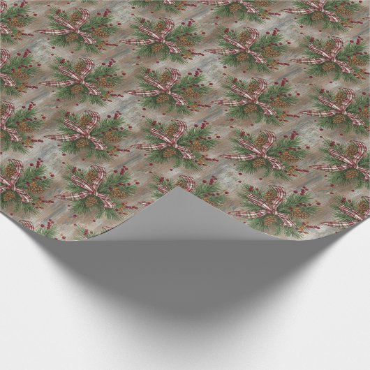 Rustic Pinecone Plaid Bow Christmas Wrapping Paper ラッピングペーパー (角)