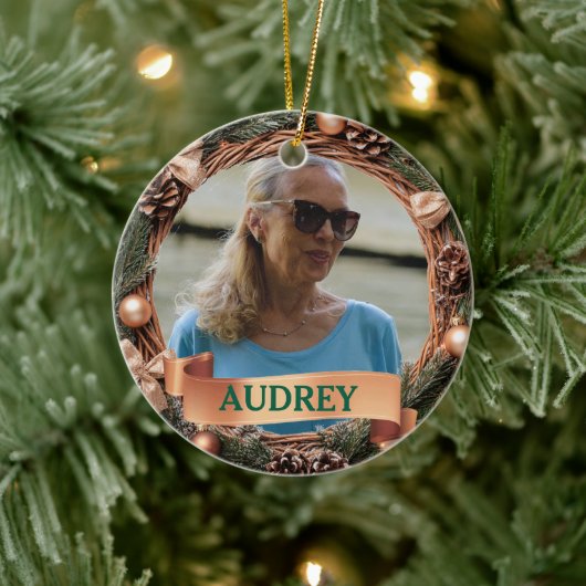 Rustic Pinecone Wreath ANY Photo セラミックオーナメント (ツリー)