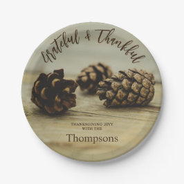 Rustic Pinecones Custom Family Name Thanksgiving ペーパープレート