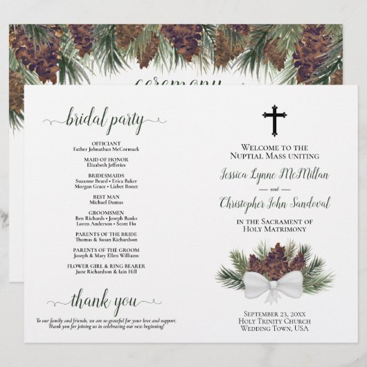 Rustic Pinecones DIY Fold Catholic Wedding Program (正面/裏面)