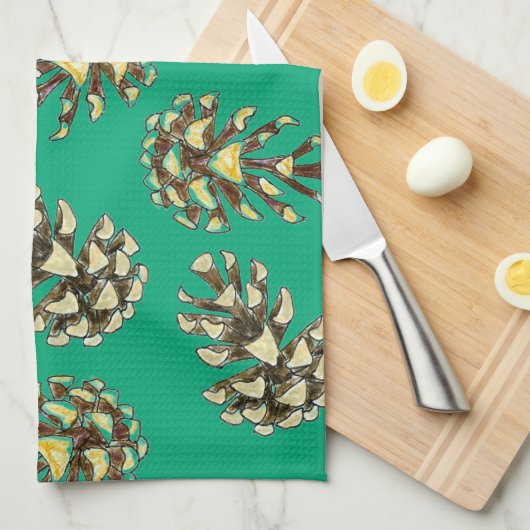 Rustic Pinecones Pattern on Forest Green Kitchen キッチンタオル (四つ折り)