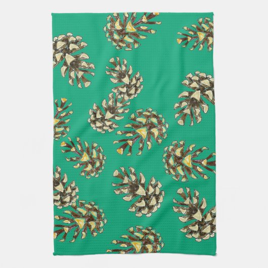 Rustic Pinecones Pattern on Forest Green Kitchen キッチンタオル (縦)