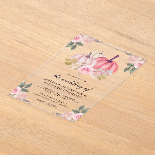 Rustic Pink and Gold Pumpkin Floral Wedding アクリル招待状 (レイダウン)