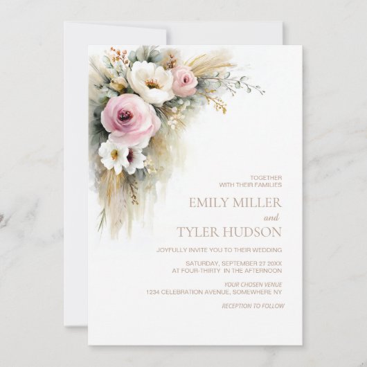 Rustic Pink and White Floral Wedding 招待状 (正面)