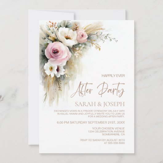 Rustic Pink and White Floral Wedding After Party 招待状 (正面)