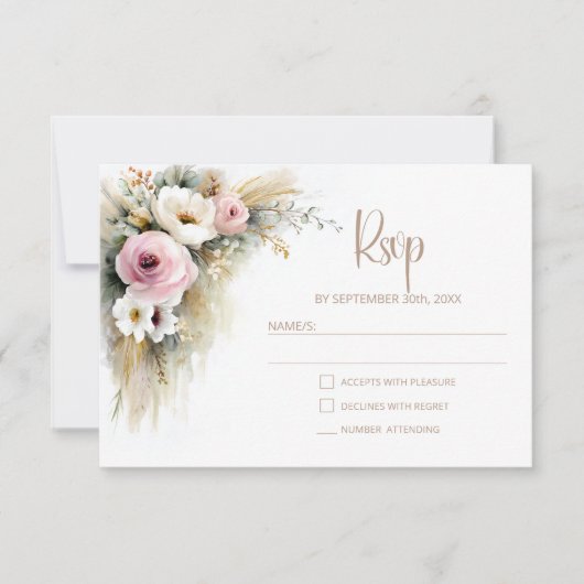 Rustic Pink and White Floral Wedding RSVP (正面)