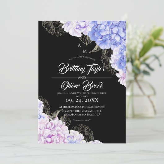 Rustic Pink & Blue Hydrangea ダークウェディング  招待状 (スタンド正面)