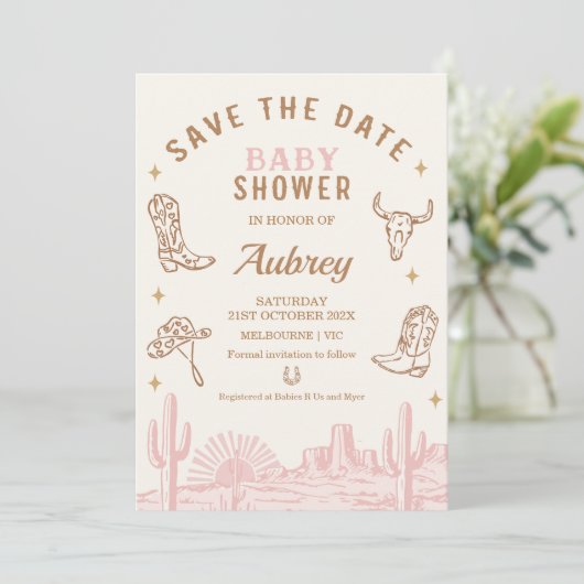 Rustic Pink Cowgirl Baby Shower Save The Date Card 招待状 (スタンド正面)