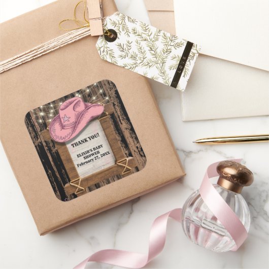 Rustic Pink Cowgirl Hat Baby Shower  スクエアシール (ギフト)