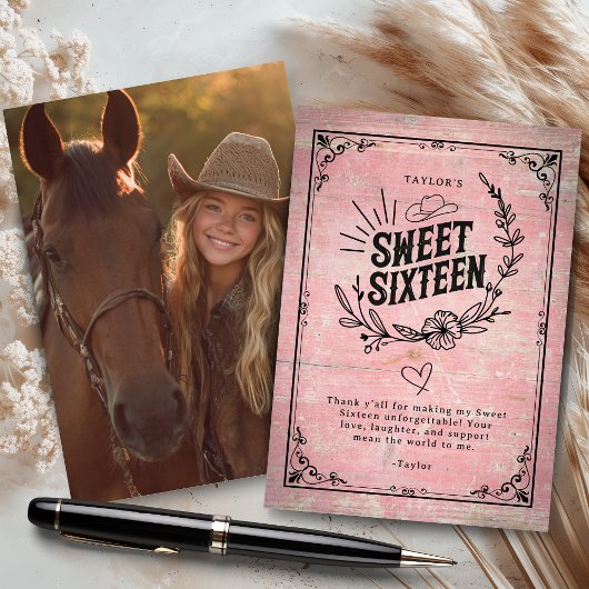 Rustic Pink Cowgirl Sweet Sixteen with Photo サンキューカード