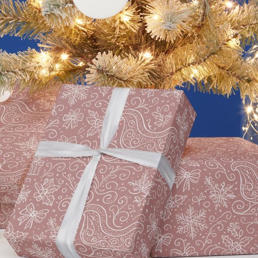 Rustic Pink Doodle Christmas Sleigh Pattern ラッピングペーパー