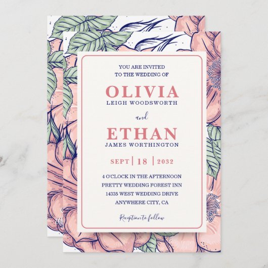 Rustic Pink Floral Hand Drawn Botanical Wedding  招待状 (正面/裏面)