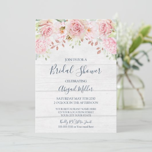 Rustic Pink Floral Spring Bridal Shower 招待状 (スタンド正面)