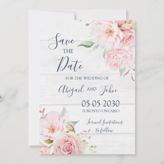 Rustic Pink Floral Spring Save the Date Card セーブザデート (正面)