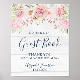Rustic Pink Floral Spring Wedding Guest Book Sign ポスター