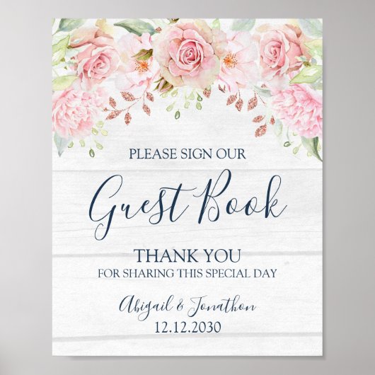 Rustic Pink Floral Spring Wedding Guest Book Sign ポスター (正面)