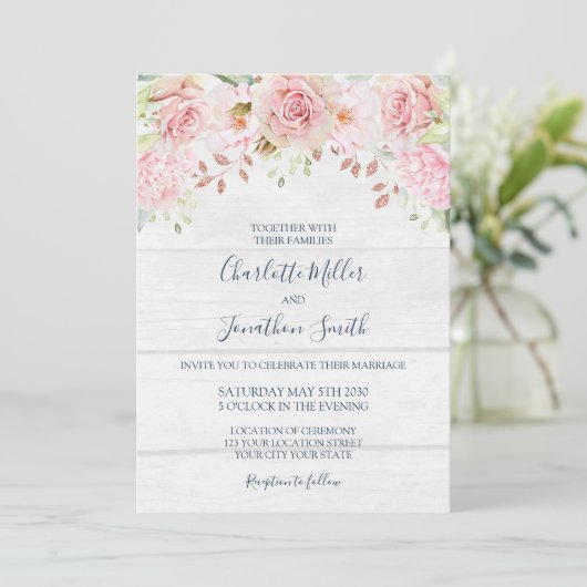 Rustic Pink Floral Spring Wedding Invitations 招待状 (スタンド正面)