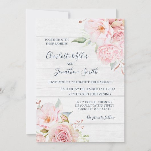 Rustic Pink Floral Spring Wedding Invitations 招待状 (正面)