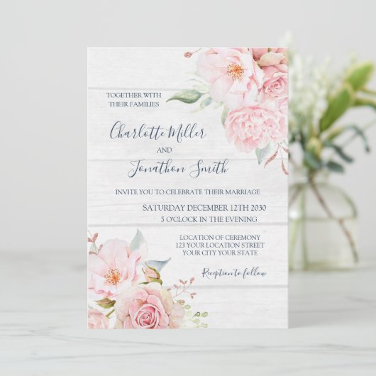 Rustic Pink Floral Spring Wedding Invitations 招待状 (スタンド正面)