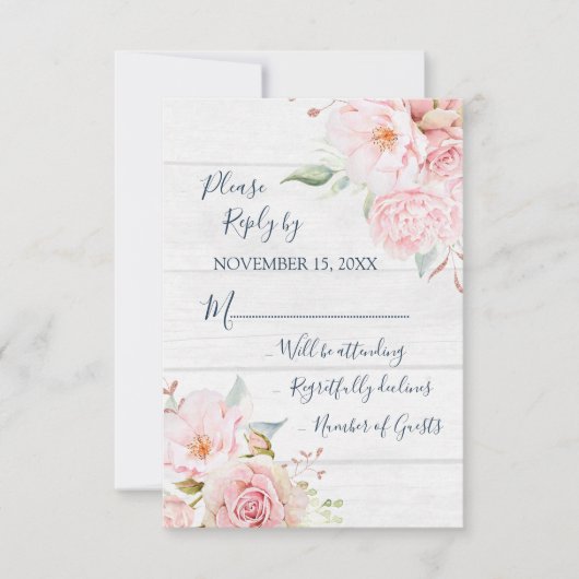 Rustic Pink Floral Spring Wedding Response Card 出欠カード (正面)