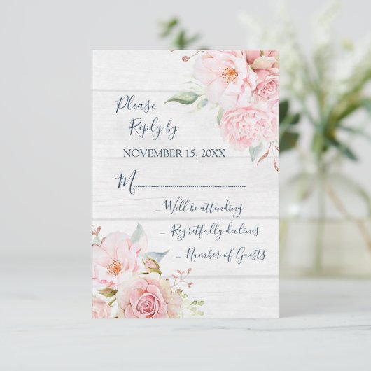Rustic Pink Floral Spring Wedding Response Card 出欠カード (スタンド正面)