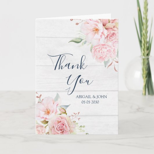 Rustic Pink Floral Spring Wedding Thank You Card サンキューカード (正面)
