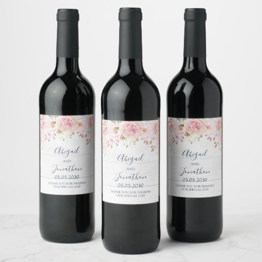 Rustic Pink Floral Spring Wedding Wine Label ワインラベル (ボトル)