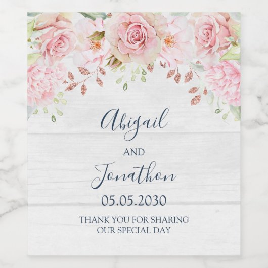 Rustic Pink Floral Spring Wedding Wine Label ワインラベル (シングルラベル)