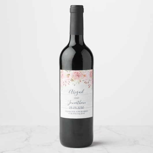 Rustic Pink Floral Spring Wedding Wine Label ワインラベル (正面)