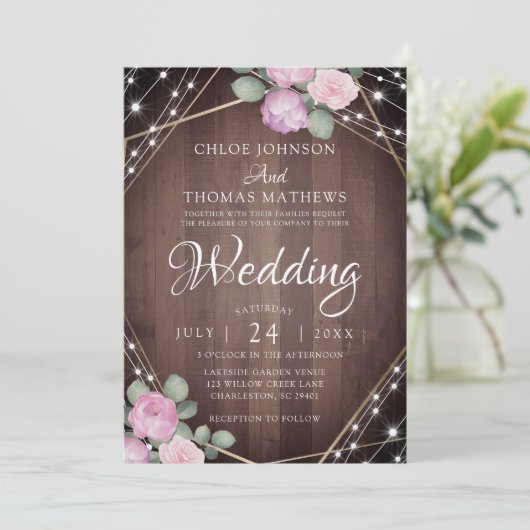 Rustic Pink Floral Wood & String Lights Wedding 招待状 (スタンド正面)