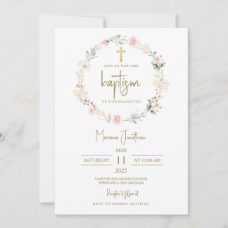 Rustic Pink Flowers Baptism Text 招待状