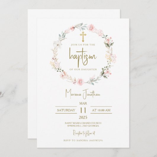 Rustic Pink Flowers Baptism Text 招待状 (正面/裏面)