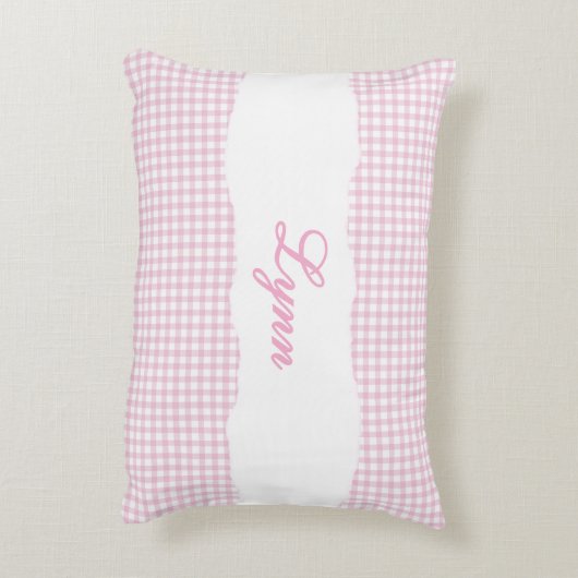 Rustic Pink Gingham Personalized Name アクセントクッション (裏面(縦))