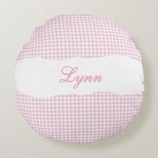 Rustic Pink Gingham Personalized Name ラウンドクッション (正面)