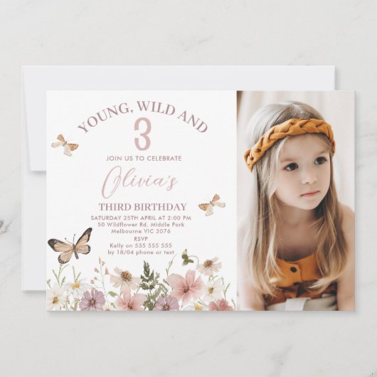 Rustic Pink Photo Wildflowers 3rd Birthday 招待状 (正面)