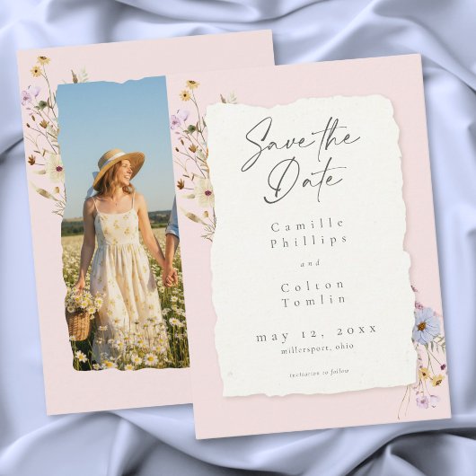 Rustic Pink Romantic Wildflower Wedding Photo セーブザデート