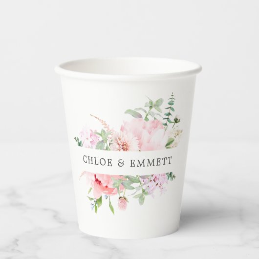 Rustic Pink Rose ペア名入り ウェディング ペーパーカップ (正面)