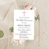 Rustic Pink Rose Floral First Holy Communion アクリル招待状