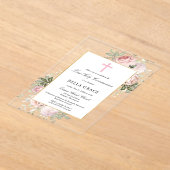 Rustic Pink Rose Floral First Holy Communion アクリル招待状 (レイダウン)