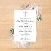 Rustic Pink Rose Floral First Holy Communion アクリル招待状 (正面)