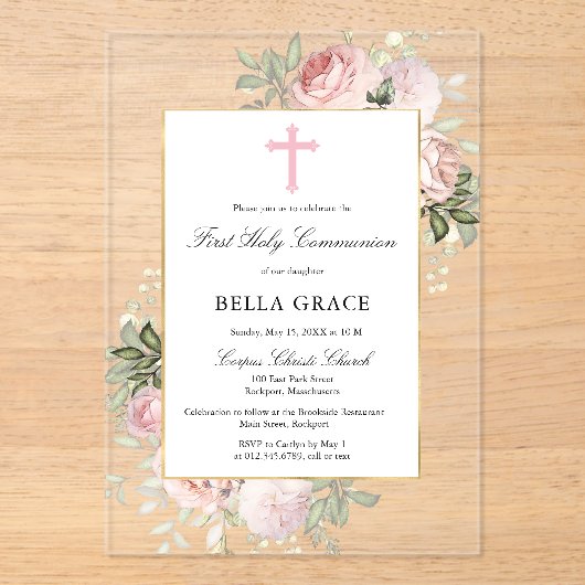 Rustic Pink Rose Floral First Holy Communion アクリル招待状 (正面)