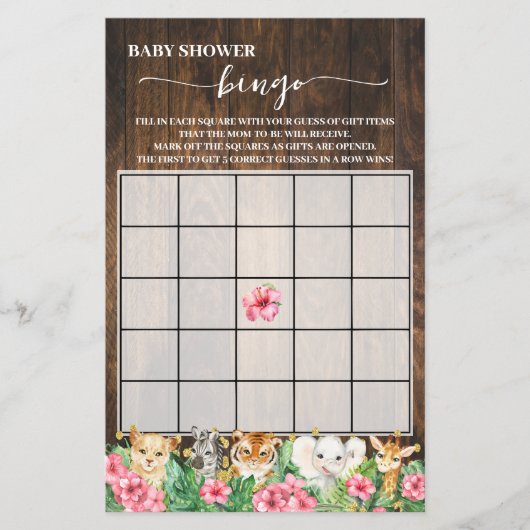 Rustic Pink Safari Animals Shower Bingo Game Card チラシ (正面)
