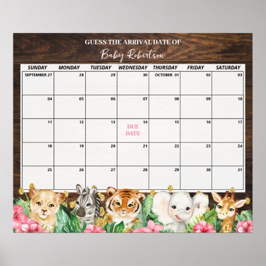 Rustic Pink Safari Baby Guess Due Date Calendar ポスター (正面)