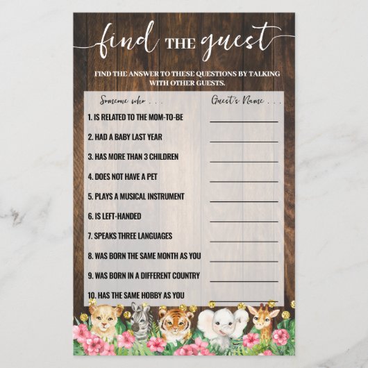 Rustic Pink Safari Find the Guest Shower Game Card チラシ (正面)