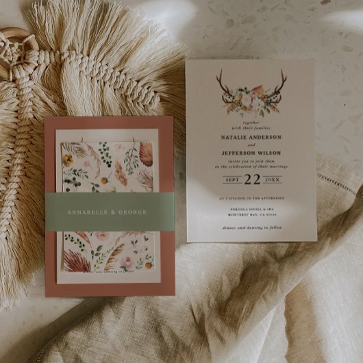 Rustic pink terracotta floral botanical wedding 招待状ベリーバンド