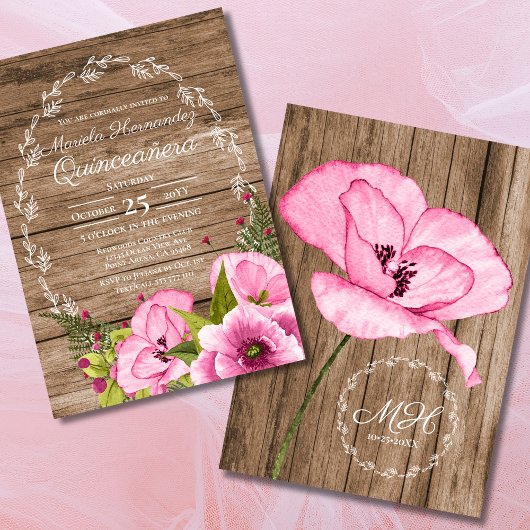 Rustic Pink Watercolor Poppies Quinceañera 招待状