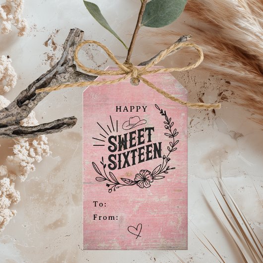 Rustic Pink Western Floral Happy Sweet Sixteen ギフトタグ